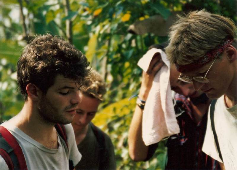 the Swedes (right) huddle with
                two Australian adventurers we met at the beginning of
                the expedition